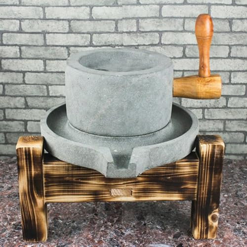 Mulino a Pietra Industria Mulino Manuale per Pasta Alimentare con Telaio in Legno, Polverizzatore per Cereali a Manovella per Succo di Riso/Mais, Umido Secco Cereali Macinatore in Pietra Blu(22cm x
