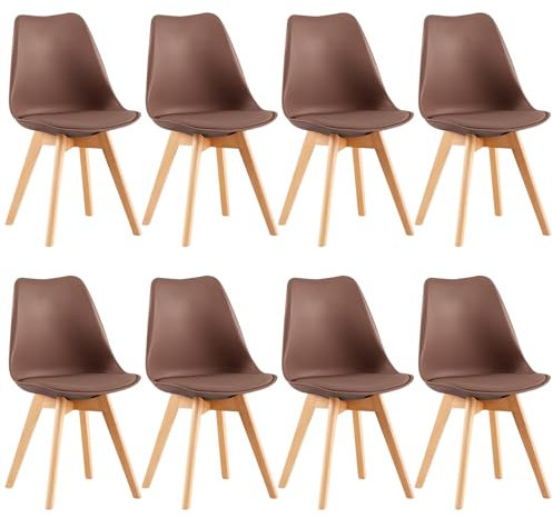 EGGREE 8er Set Esszimmerstühle mit Massivholz Buche Bein SGS Geprüfter, Skandinavisch Design Gepolsterter aus PU-Leder Küchenstuhl Essstühle,Schokoladenbraun