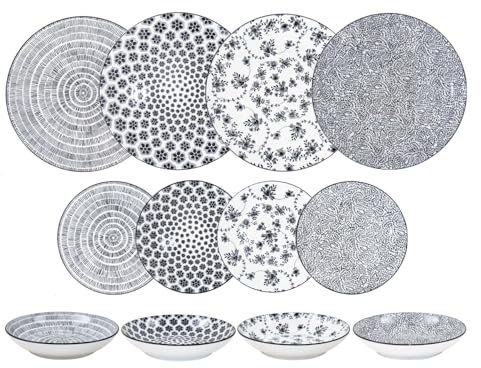 IBILI - Vajilla de 12 Piezas Armonia Negro, Platos de Porcelana para 4 personas