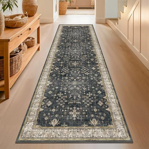 Dark Washable Long Runners for Hallways, 2'6x8' Wide Kitchen Runner Rug, Entryway Indoor Rug, Non Slip Rubber Backing Boho Vintage Floor Decor, Ashen/Multi