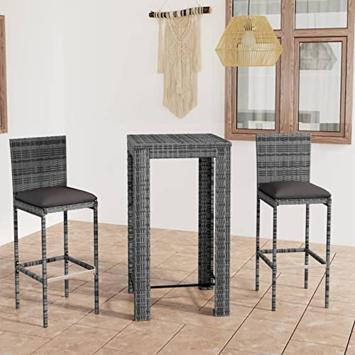 ShGaxin 3-TLG. Gartenbar-Set mit Kissen, Tisch Mit Stühlen Set, Gartenmöbel Sitzgruppe, Outdoor Möbel, Sitzgruppe Garten, Balkonmöbel Set, Poly Rattan Grau