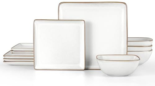 Herogo 12 Pieces Square Stoneware Dinnerware Dishes Set for 4, Handmade Dining Plates and Bowls Sets, Double Reactive Glaze, Microwave & Dishwasher Safe, Scratch Resistant, Ivory White