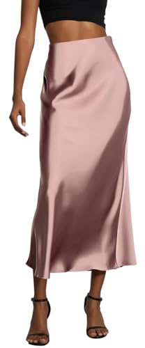 ORANDESIGNE Gonne Raso Donna Lunga Vita Alta Vita Elastica A-Linea Gonna Midi Estate Elegante Gonna Satin per Ospite di Matrimonio Estivo Cocktail Lavoro