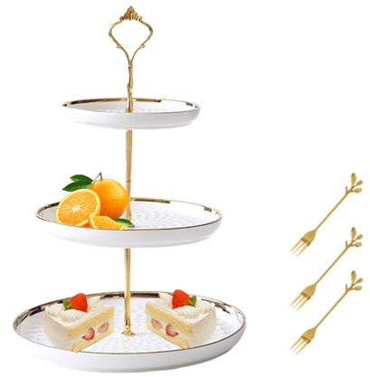 Round Porcelain Tiered Cupcake Stand 3 Tier, Dessert Rack with Three Forks | for Party Service Tray, Tea Party, Wedding, Fruit Pastry Rack Birthday Service Tray (White)