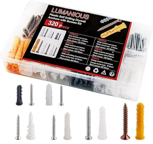 LUMANIOUS Kit de Vis et Cheville 320 Pièces, 6 Tailles Assorties - Vis à Tête Plate en Croix AutoperceusesVis à Bois pour Brique, Béton, Plaque de Plâtre