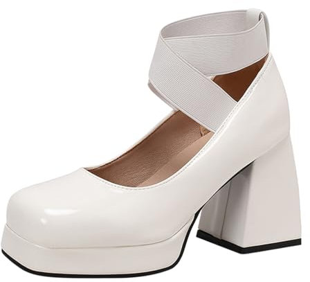 Stivale Gomma da donna casual scarpe tacco spesso elastico testa quadrata tacchi alti sandali scarpe con tacchi spessi Volante Magico Mini, bianco, 38 EU Large