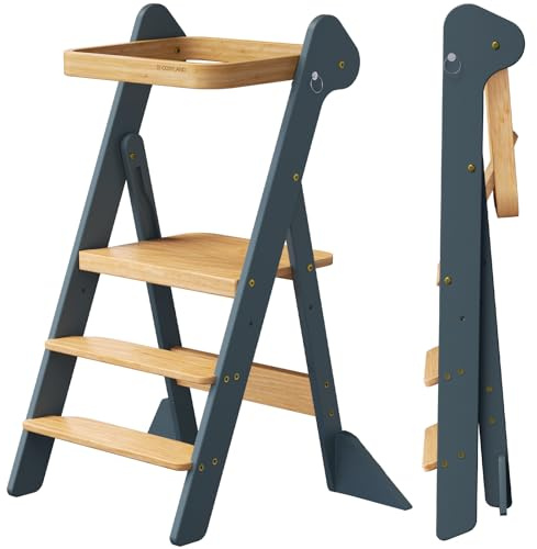 COSYLAND Foldable Toddler Step Stool for Kitchen - IF Design Awarded Space Saving Toddler Standing Tower with Protective Net - Height Adjustable Kids Kitchen Stool Helper (Dark Grey & Natural)