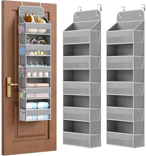 LAMU Over the Door Organiser, 5-Tier Hanging Storage Bag, Grey 2 Pack | Maximise door space with over door storage. This 5-tier organiser neatly stores clothes, towels, toys and daily essentials