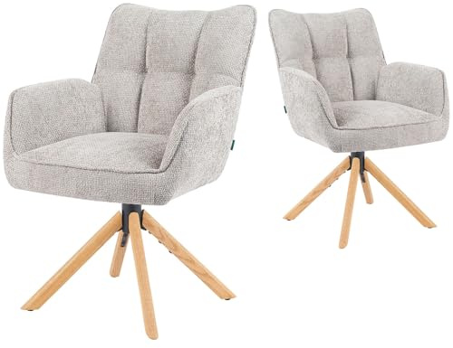 DUBI Möbel Esszimmerstühle 2er Set 360° drehbar mit Rückstellfunktion, Taschenfederkern, hoher Sitzkomfort, bis 150 kg belastbar, Stoff Hellgrau, Eiche Massivholzgestell geölt (Natur), Mika-Ida