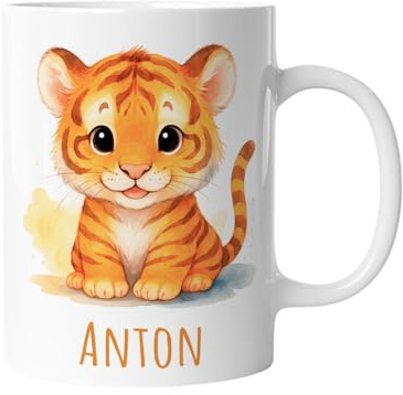 timalo Kindertasse mit Namen | Kleiner Tiger | Personalisierte Keramik Tasse mit Tieren | für Kinder, Jungen & Mädchen – Geschenk, Geburtstagsgeschenk, Namensgeschenke, Kaffeetasse