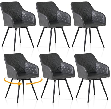 TUKAILAI Esszimmerstühle Drehbar 6er Set Kunstleder,Dunkelgrau | 360° Drehstuhl Esszimmer Polsterstühle,Küchenstühle,mit Armlehnen,Metallbeine,Rückenlehne,für Wohnzimmer Küche Schlafzimmer