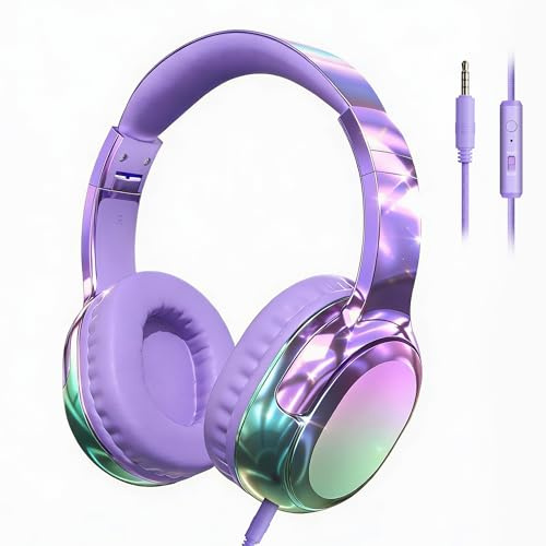 Kids Wired Headphones with Microphone, Foldable Gradient Over Ear Headset | Adjustable Stereo Sound Headset with Comfortable Fit, Ideal for Toddlers, Children and Adults at School, Travel and Study