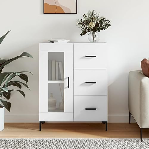Buffet Blanc Moderne en Bois d'Ingénierie 69,5x34x90 cm, Armoire de Rangement Élégante pour Salon et Salle à Manger, Meuble de Séjour avec 3 Portes et 2 Tiroirs, Design Scandinave