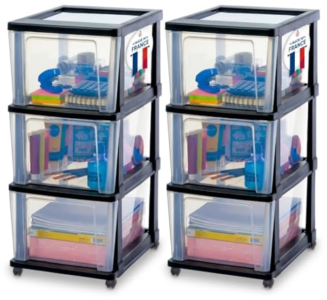 Iris Ohyama, Rollcontainer Kunststoff auf Rollen, 2er-Set, 3 Grosse Schubladen, Schwarz, Leichtes Öffnen, Aufbewahrung, für Schreibtisch, Garage, Organizer, Schrank, BPA-frei, KMC-303