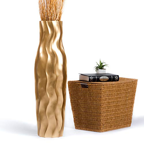 Leewadee Große Deko Bodenvase Für Dekozweige, Hohe Standvase Für Pampasgras, Design Holzvase, 90 cm, Gold