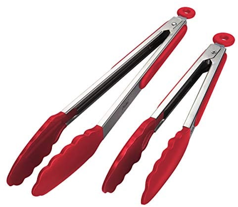 iNeibo Grillzange Küchenzange Zange Küche aus Rostfreim Edelstahl und Silikon Fleischzange Kochzange mit Hitzebeständigem Silikongriff 2er Set 30cm und 23cm Rot