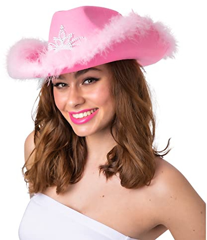 Wicked Costumes Adult Pink Cowgirl Hat Fancy Dress Accessory – Tiara & Feather Western Party Hat for Hen Nights, Festivals & Events