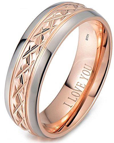 BESTTOHAVE Mens Titanium Ring -7mm Wide Engraved I Love You Classic Unisex Rose Gold Tone Wedding Engagement Comfort Fit Band Ring
