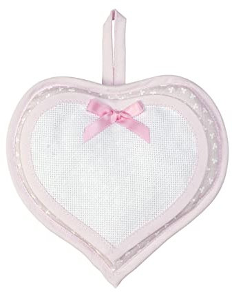 Filet - Fiocco Nascita Bambina a forma di cuore | Colore rosa | Misure 20x20 cm| Inserto in tela aida ricamabile | Made in Italy