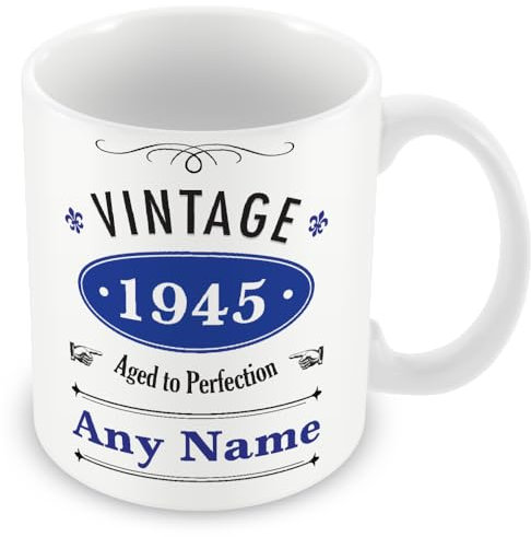 Vintage 1945 (Age 80) Personalised Mug/Cup - Customised 80th Birthday Gift - Add Name - Blue