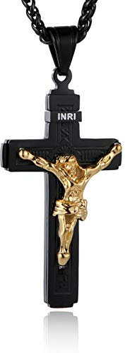 HZMAN Kreuz Kette für Herren Edelstahl Jesus Kruzifix Kreuz Halskette Anhänger Schmuck Geschenk (Schwarz)