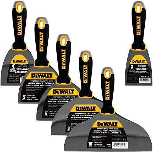 DEWALT DELUXE Carbon Steel Putty Knife Set | 4/5/6/8/10-Inch + 3-Inch Included for FREE | Soft Grip Handles | DXTT-3-149