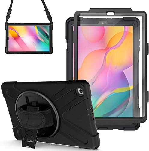 Gerutek Custodia Cover per Samsung Galaxy Tab A 10.1 2019 (SM-T510/T-515), Custodia Protettiva Antiurto con Supporto Rotante 360 e Cinghia Mano/Spalla Cover per Galaxy Tab A 10.1, Nero Nero