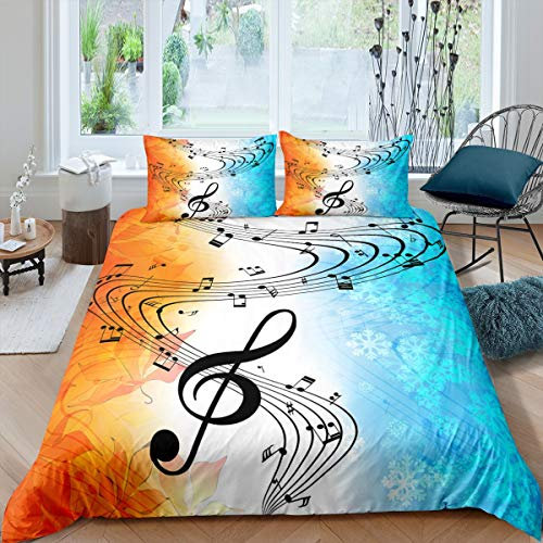Loussiesd Musikalische Note Bettwäsche-Set 155x220cm Musik-Themen-Betten-Set für Kinder Jungen Mädchen Teenager Ahornblatt Herbst Bettbezug-Set Atmungsaktive Schneeflocke Winterzimmerdekor