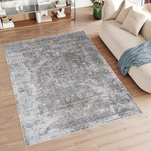 TAPISO Feyruz Teppich Kurzflor Rauchgrau Blau Braun Vintage Klassisch Orientalisch Used Effekt Wohnzimmer Schlafzimmer ÖKO-TEX 200 x 300 cm