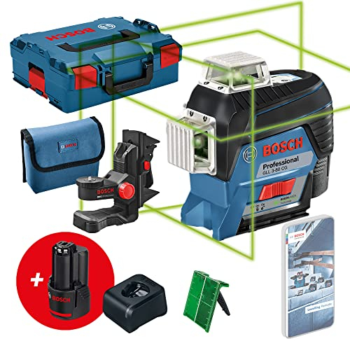 Bosch Professional 12V System Laser Level GLL 3-80 CG (2x battery 12V, charger, green laser, w/app function, mount, working range: up to 30m, in L-BOXX) - Amazon Exclusive Set