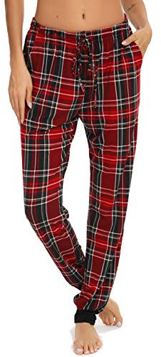 Vlazom Damen Karierte Schlafanzughose weich Pyjamahose für Frauen Jogginghose Lange blickdicht Sporthose(M,Weinrot)