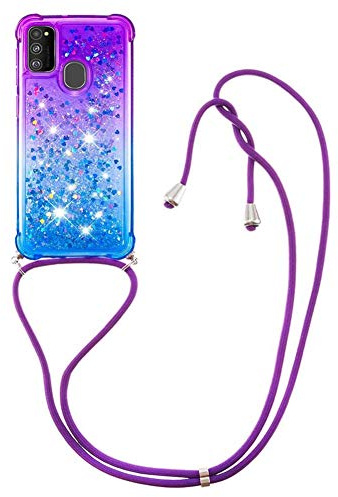 Handykette Handyhülle kompatibel mit Samsung Galaxy A21s Hülle Gradient Glitzer Flüssig Hülle mit Band Kette Schutzhülle Weiche Flexible Transparent TPU Stoßfest Case Cover (Lila Blau)