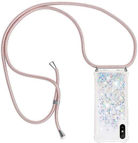 youmehe Flüssig Handyhülle für Xiaomi Redmi 9A,Bewegende Treibsand Rückschale Halsband Necklace Schutzhülle,Flüssig Bewegende TPU Silikon Case,Glänzend Flüssig,Halsband Kordel-Silber