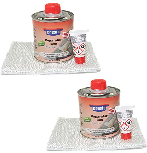 PRESTO_bundle 600412 2 X Polyesterharz Reparaturbox 250g + Glasfaservlies & Glasfasergewebe