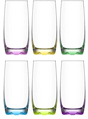 Highball Tumbler Drinking Glasses with Coloured Base Design - 240ml Capacity - Set of 6 Glasses