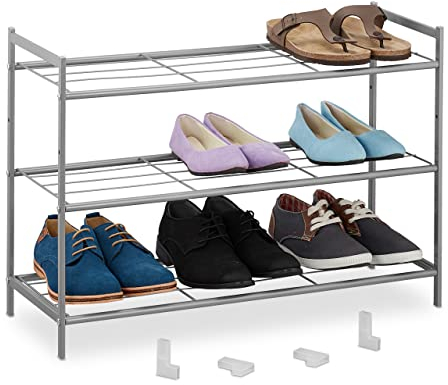 Relaxdays Metall Schuhregal, 3 Ebenen, erweiterbar, Flur Schuhgestell HBT 50 x 70 x 26 cm, 9 Paar Schuhe, offen, silber
