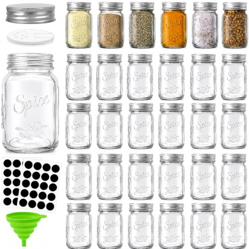 Coloch 30 Pack 4 Oz Glass Mason Spice Jar with Shaker Lids& Labels, Empty Spice Bottle with Airtight Metal Caps and Collapsible Funnel for Herbs & Spices