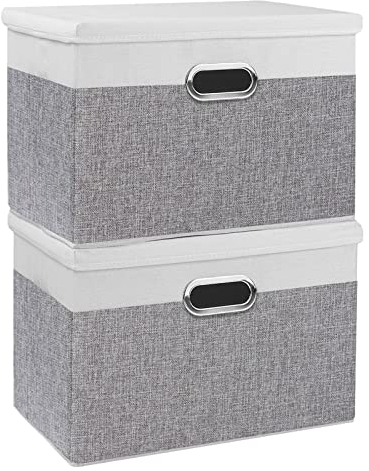 Yawinhe Collapsible Storage Box 2 Pack, Fabric Clothing Shelf Basket with Lid, for Organizing Home, 38x25x25cm, White/Grey, SNK023WGL-2