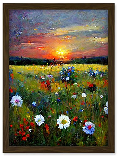 Doppelganger33 LTD Wildflower Floral Landscape Sunrise Oil Artwork Framed Wall Art Print A4