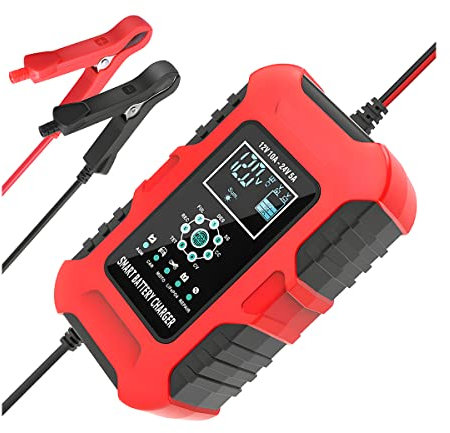 10-Amp Battery Charger, 12V/10A 24V/5A Smart Automatic Maintainer Trickle Charger with Temperature Compensation, 7 Stage Lead Acid AGM LiFePO4 Battery Charger for Cars Motorcycles Boats