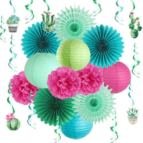 SUNBEAUTY Summer Party Decoration-Hanging Cactus Decoration,Green Paper Lanterns Fans,Hot Pink Pom Poms for Hawaiian Luau, Tropical Party, Succulent Home Decor, Birthday Celebration, Room Accessories