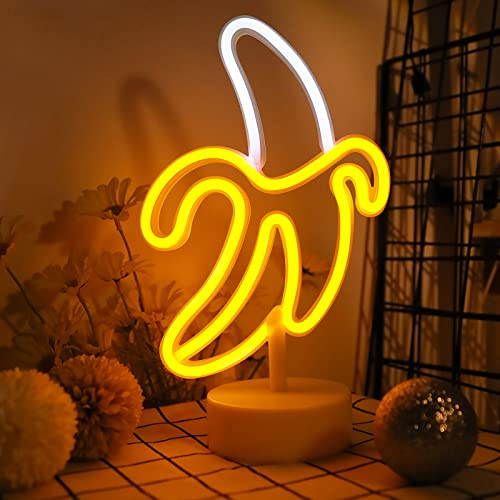 ENUOLI Bananen-LED-Neonschilder, Bananen-Neonlicht, Kunst, bunte Neonlampe mit Halterung, Bananen-Nachtlichter, USB/Batterie, Innenbereich, Geschenk, Schlafzimmerdekoration