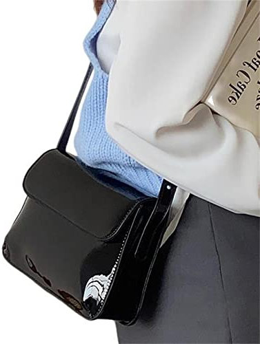Iordan Handtasche Retro Patent Schultertasche für Frauen Klappe Kleine quadratische Tasche Mode Unterarm Crossbody Tasche Damen Handtasche Geldbörse - Schwarz