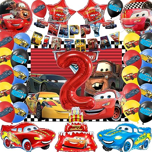 SWOKKTS Cars Geburtstag Deko 2 jahre, Kinder Auto Geburtstagsdeko 2 jahre, Auto Luftballons Geburtstag Jungen Mädchen, Cars Geburtstagsbanner Folienballon und Hintergrund (Rot Zahlenballons 2)