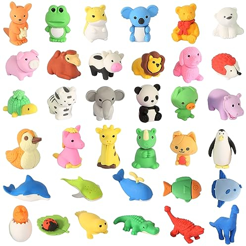 CAINCAY Radiergummi Kinder, 35 Stück Tieren Mini Bleistift Radiergummi Set, Niedliche Tier Radiergummis Bunt Radiergummis für Geburtstag Party