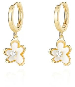 SLUYNZ Sterlingsilber Blumen Creolen Ohrringe Huggie für Frauen Damen CZ Weiße Blume Creolen baumeln (B-Gold)
