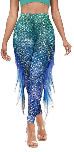 Meanju Leggings a Forma di Sirena, Costume da Sirena da Donna e Ragazza, Cerchietto Capelli Guanti Orecchini a Forma di Conchiglia Collane di Perle, per Costume di Carnevale,Giochi di Ruolo,Feste