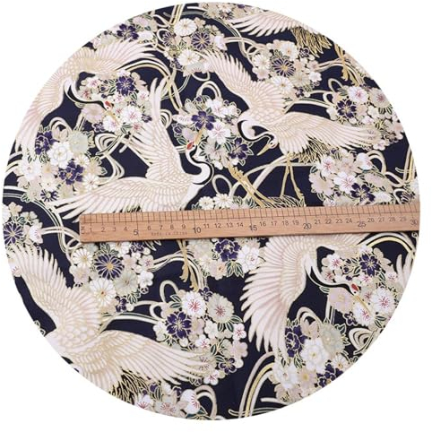 DTREEL Japanischer Bedruckter Popeline Baumwollstoff, Schwarzer Satin Kimono Stoff mit Kranich Blüten, Strickjacke, Tasche, Tischdecken Dekorations Stoff, Breite 148 cm, Meterware,XH01-8m