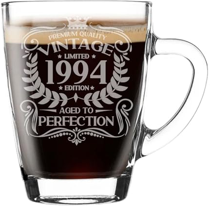 31st Birthday Gift for Men Vintage 1994 Aged to Perfection Engraved Glass Mug Gift for Coffee Lovers Tea Cup Present for 31 Year Old 300ml Coffee Mug Funny Novelty Mug Gift For Men or Women