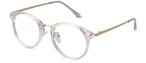 ADEWU Rund Brille mit Blaulichtfilter Fake Brille Ohne Stärke Brillenfassungen für Damen Herren (Transparent Weiß-Gold)
